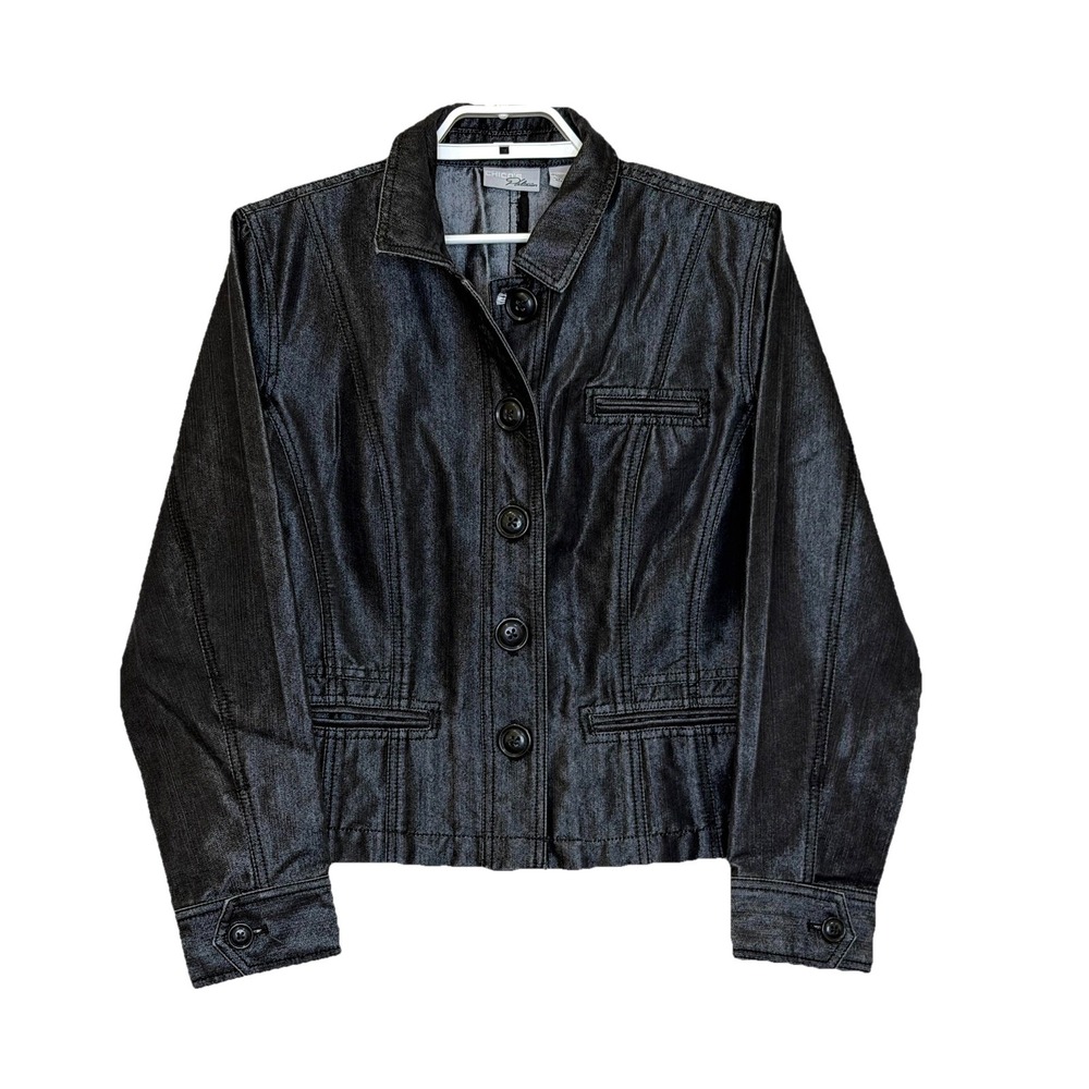 Chico's Platinum Jean Jacket Size 2 Large Black Metallic Wash Button Front Biker
